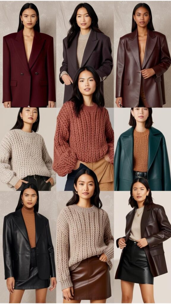 A collage showcasing various fall fashion trends for women, including oversized blazers, chunky knits, and leather pieces.
