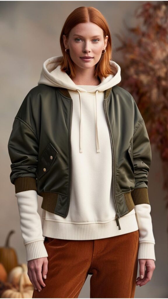 A model wearing a layered fall outfit, including an oversized hoodie, a bomber jacket, and corduroy pants.