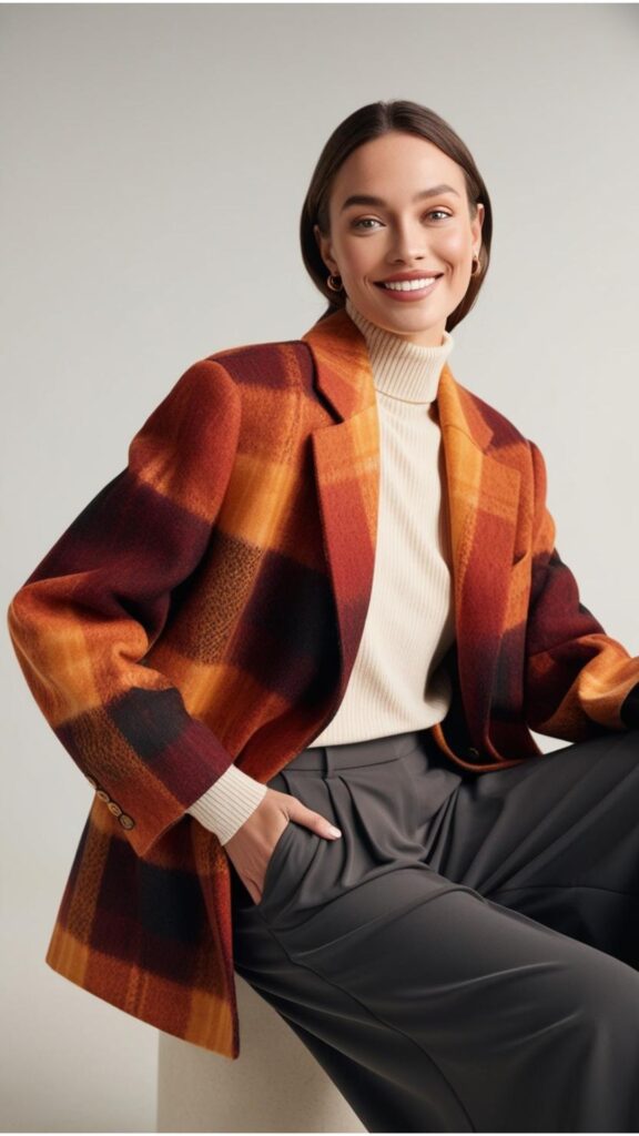 A pretty woman wearing an oversized plaid blazer over a turtleneck sweater and wide-leg trousers.