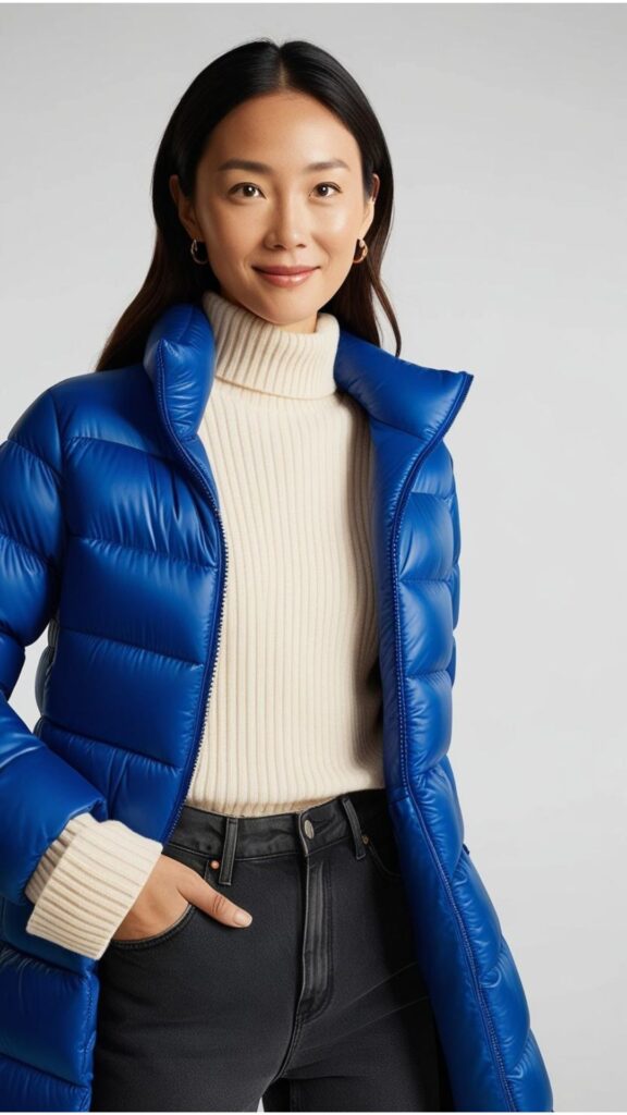 A woman wearing a long, quilted puffer jacket over a turtleneck sweater and jeans.