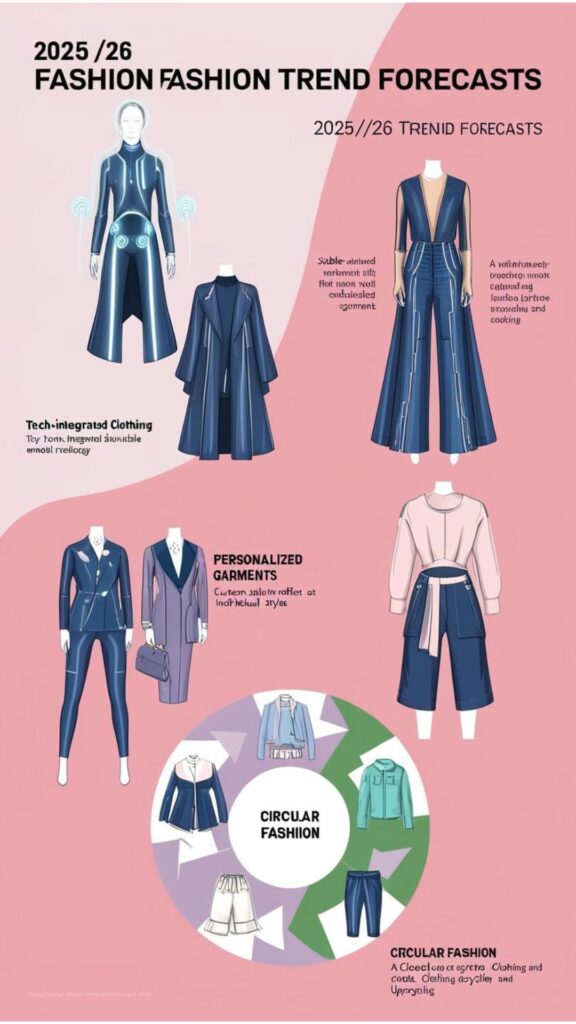 Fashion trend forecasting analyzes culture, technology, and fashion cycles. 2025/26 forecasts: tech-integrated clothing, personalized garments, and circular fashion.