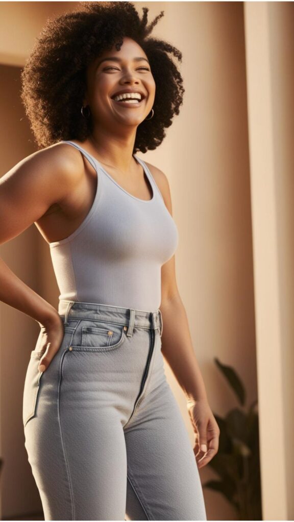 A person smiling confidently and looking great in their perfect pair of jeans.