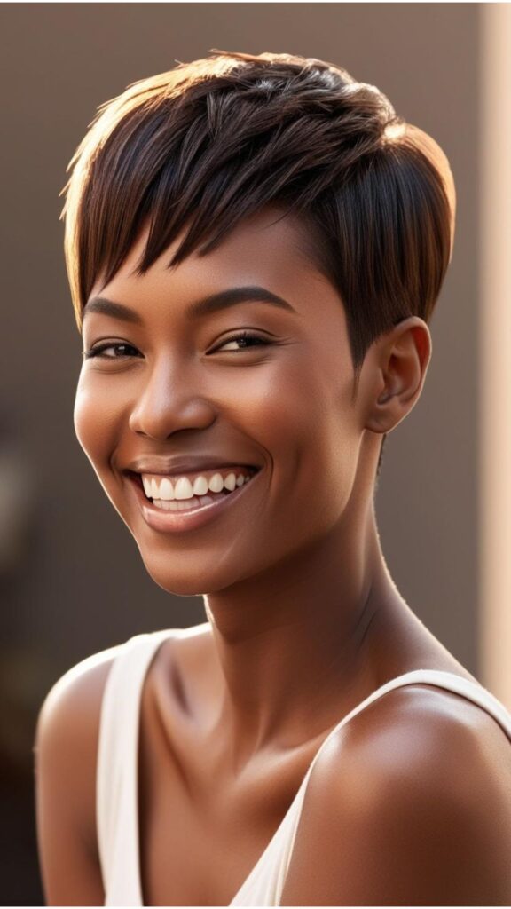A person smiling confidently after receiving a stylish haircut.