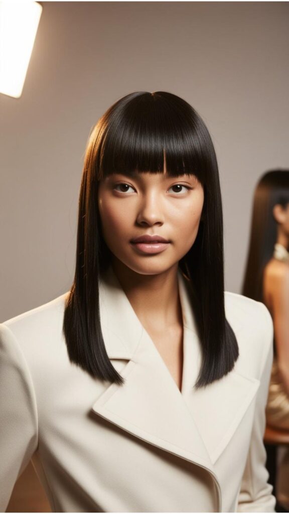 A person with straight hair and bangs, showcasing a stylish and flattering look.