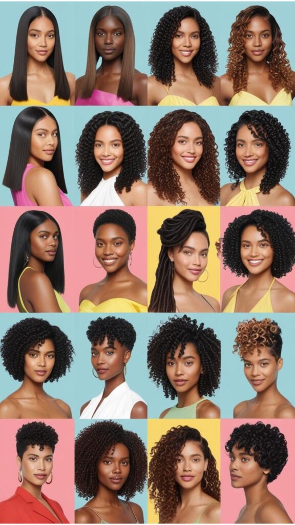 A collage showcasing different hair patterns – straight, wavy, curly, and coily – with corresponding haircuts that complement each pattern.