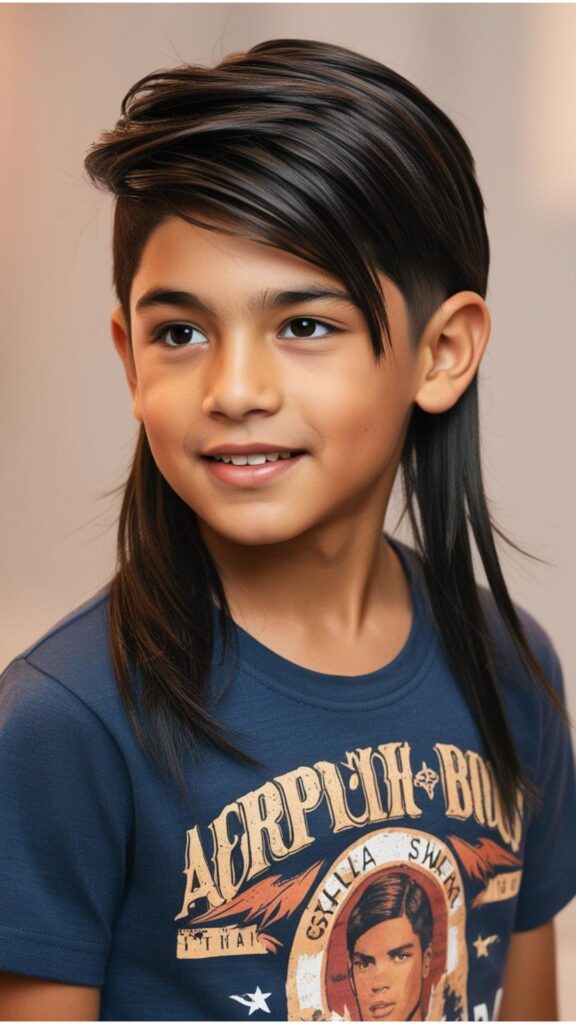 A boy with long hair styled in a trendy haircut.
