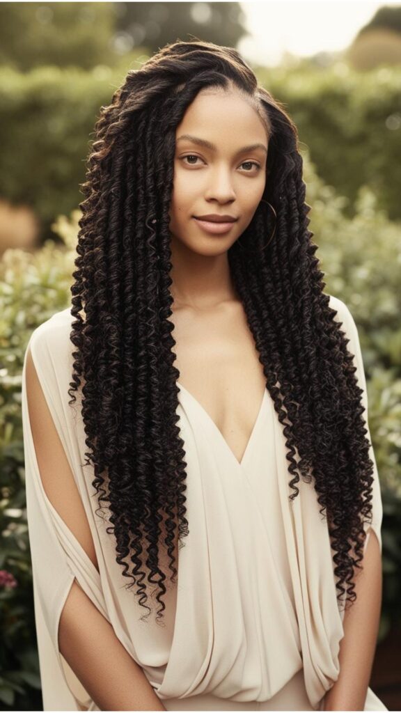 A person with long, curly hair styled in a Deva cut.