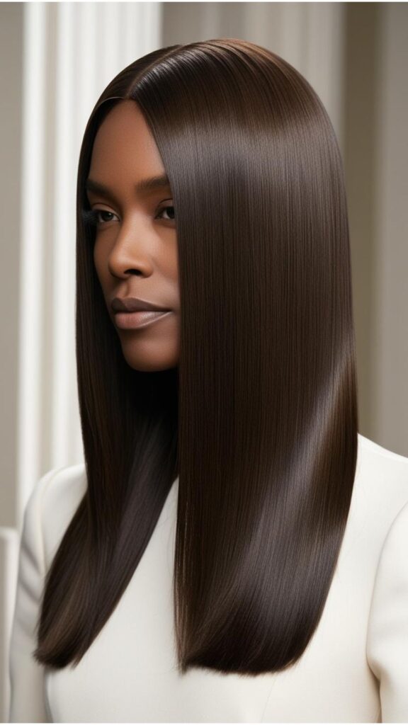 A person with long straight hair styled in a blunt cut, showcasing a thick and healthy appearance.