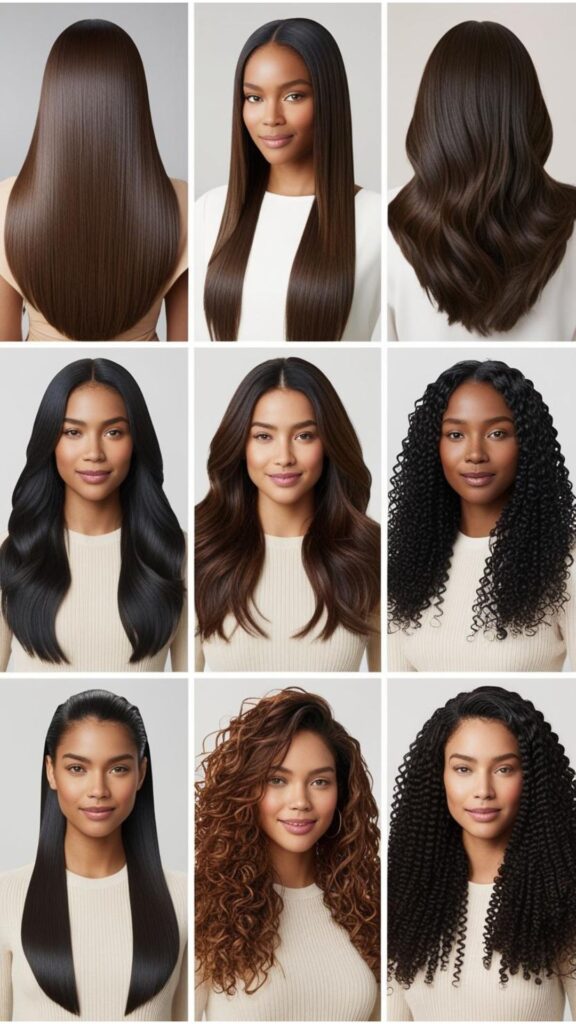 A collage showcasing different hair patterns – straight, wavy, curly, and coily – with long haircuts that complement each pattern.