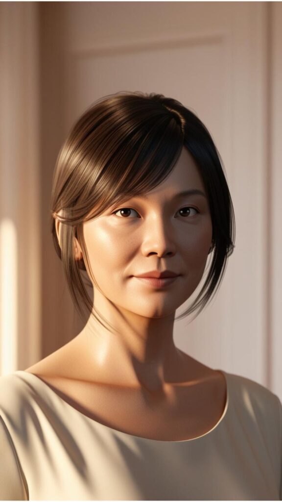 A person with a round face and long hair styled with layers and side-swept bangs.
