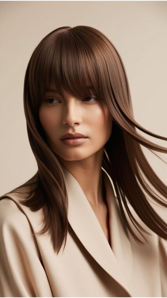 A person with long hair and curtain bangs, showcasing a trendy and flattering look.