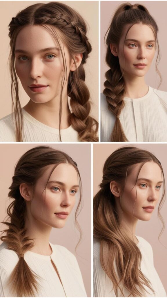 A person with an oval face and long hair styled in various ways.