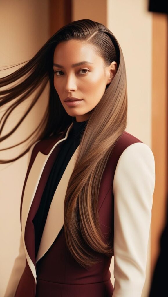 A person with long hair styled with a side part