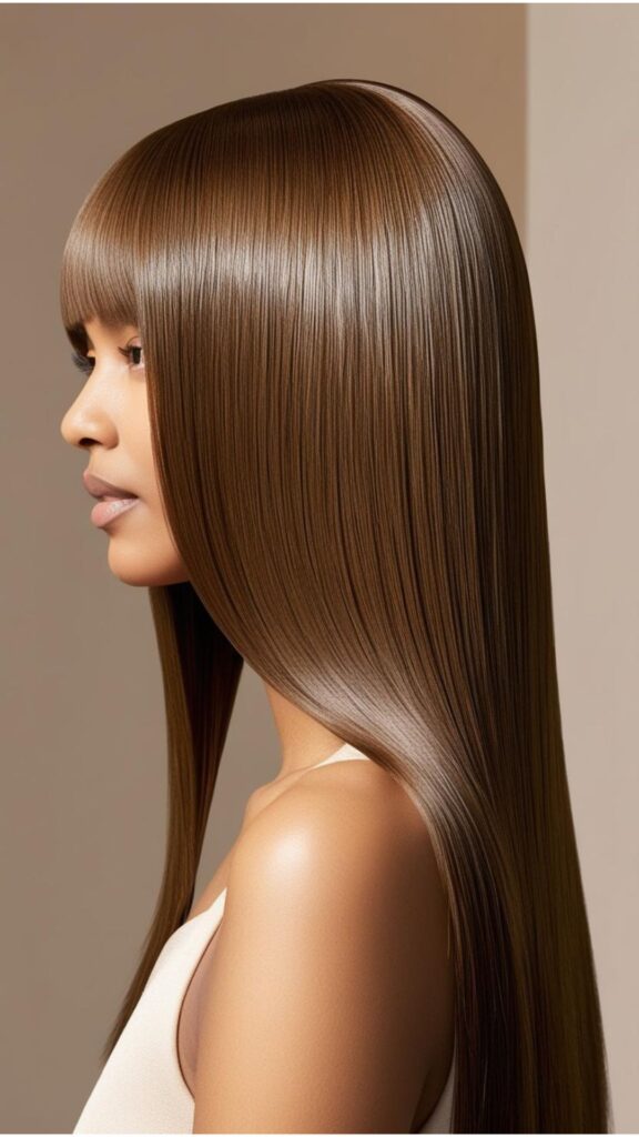 A person with long, straight hair styled in a blunt cut, showcasing its thickness and shine