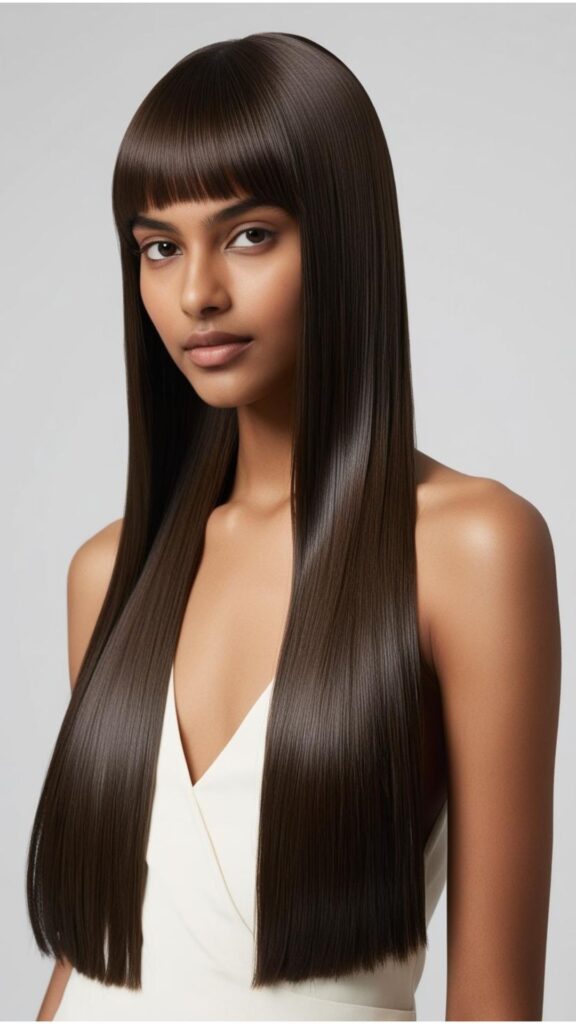 A person with long, straight hair styled in a blunt cut, showcasing its thickness and shine.