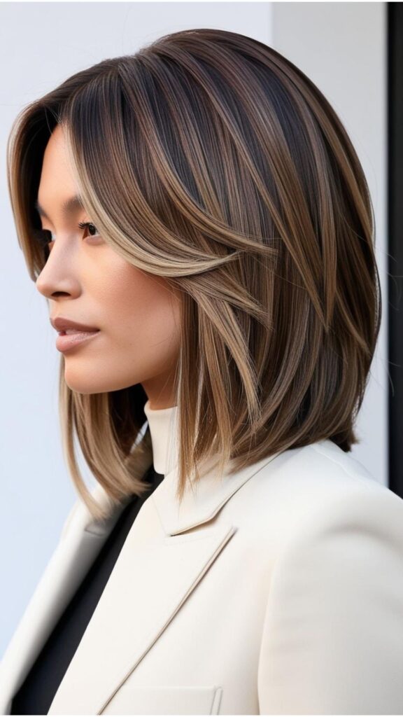 A person with medium length hair styled in a lob, showcasing a modern and chic look.