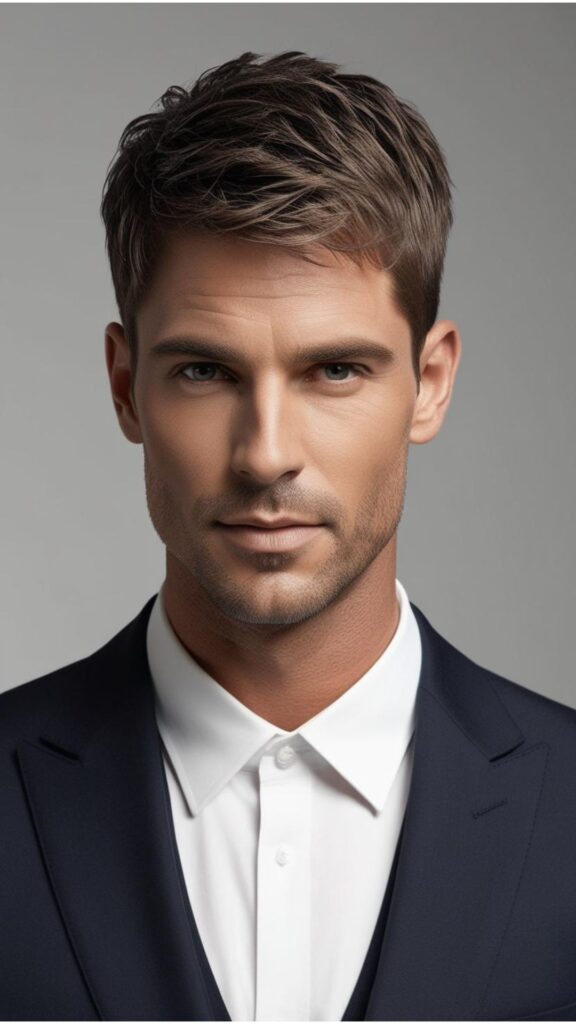 A good looking man with short and textured hair, showcasing a modern and stylish look.