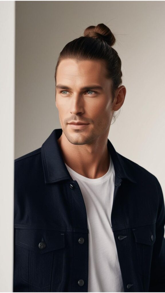 A handsome man with long hair styled in a man bun, showcasing a practical and stylish look.