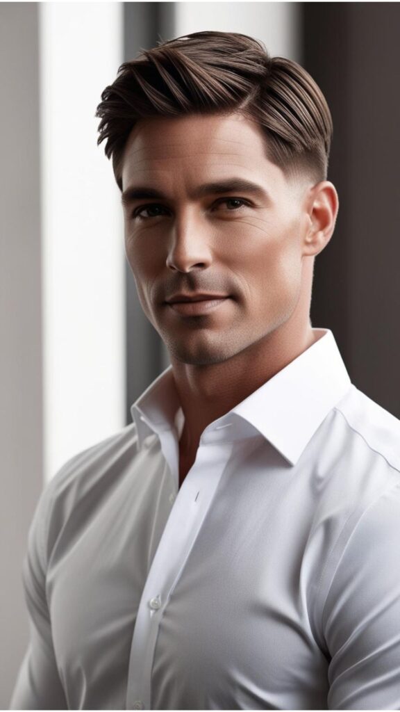 A good looking man with short, straight hair styled in a textured cut, showcasing a modern and stylish look.