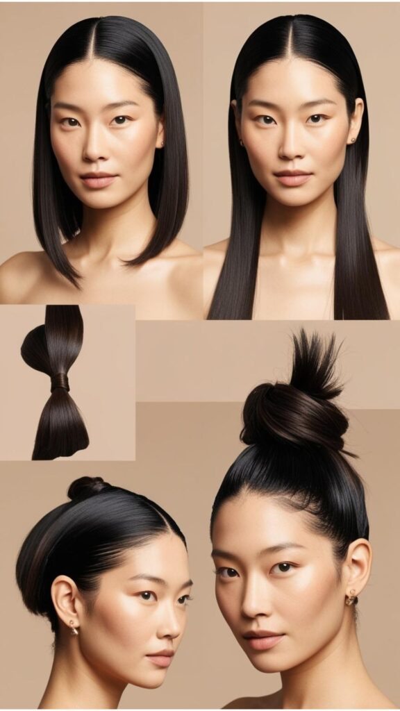 A person with an oval face and straight hair styled in various ways.