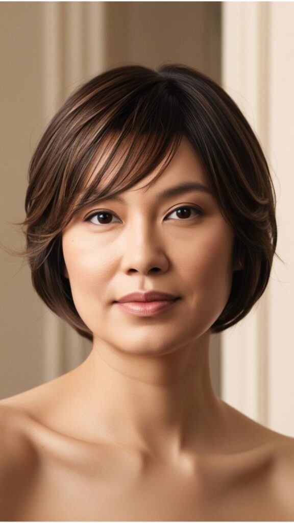 A person with a round face styled with layers and side-swept bangs, showcasing a more defined facial structure