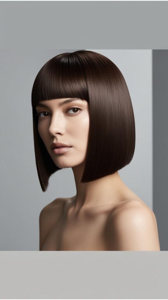 A person with straight hair styled in a blunt bob, showcasing a sharp and stylish look.