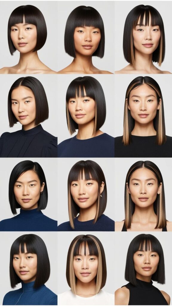 A person with straight hair showcasing a variety of different haircuts, from short bobs to long, flowing layers.