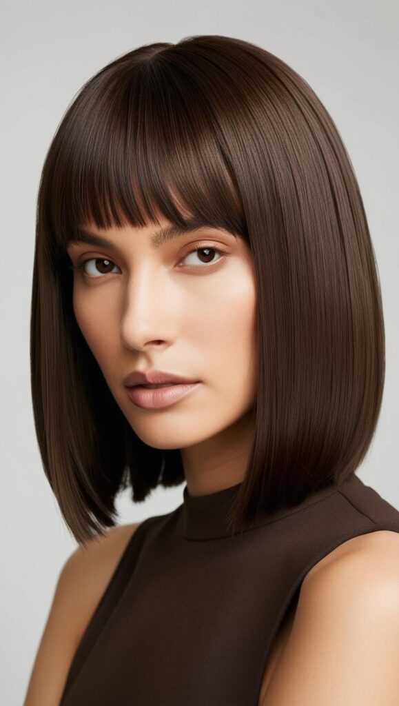A person with straight hair and curtain bangs, showcasing a trendy and flattering look.