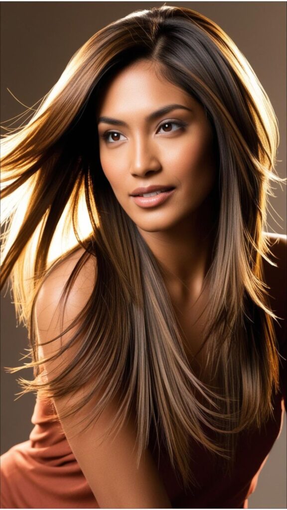 A person with long, straight hair styled in layers, showcasing movement and dimension.