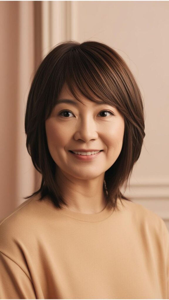A person with a round face and straight hair styled with layers and side-swept bangs.