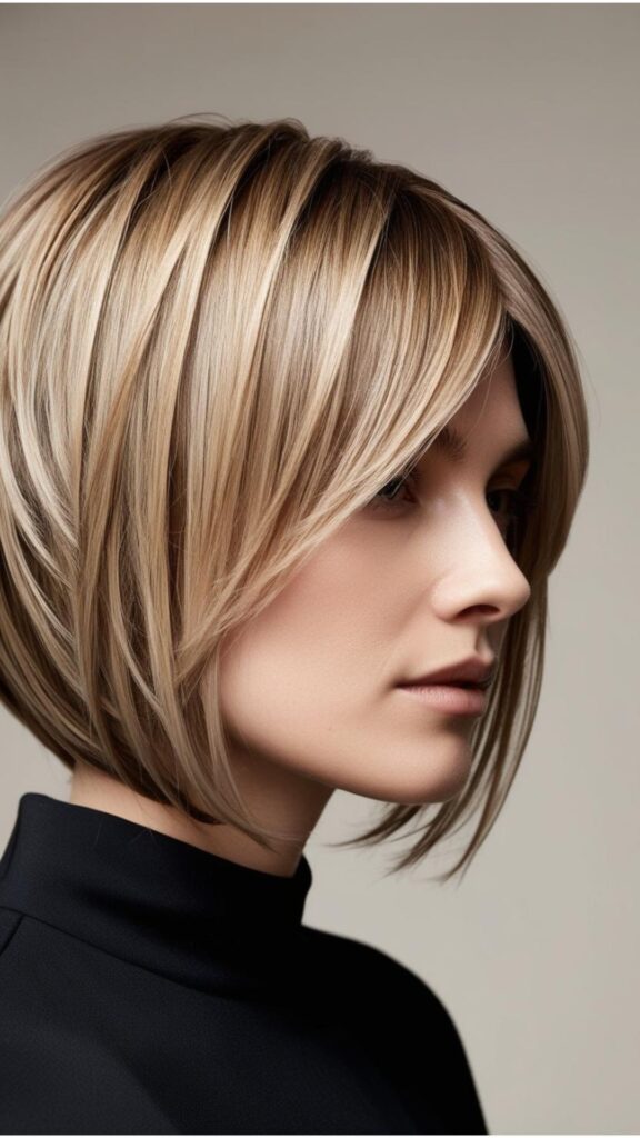 A person with thin fine hair styled in a layered bob, showcasing added volume and texture.