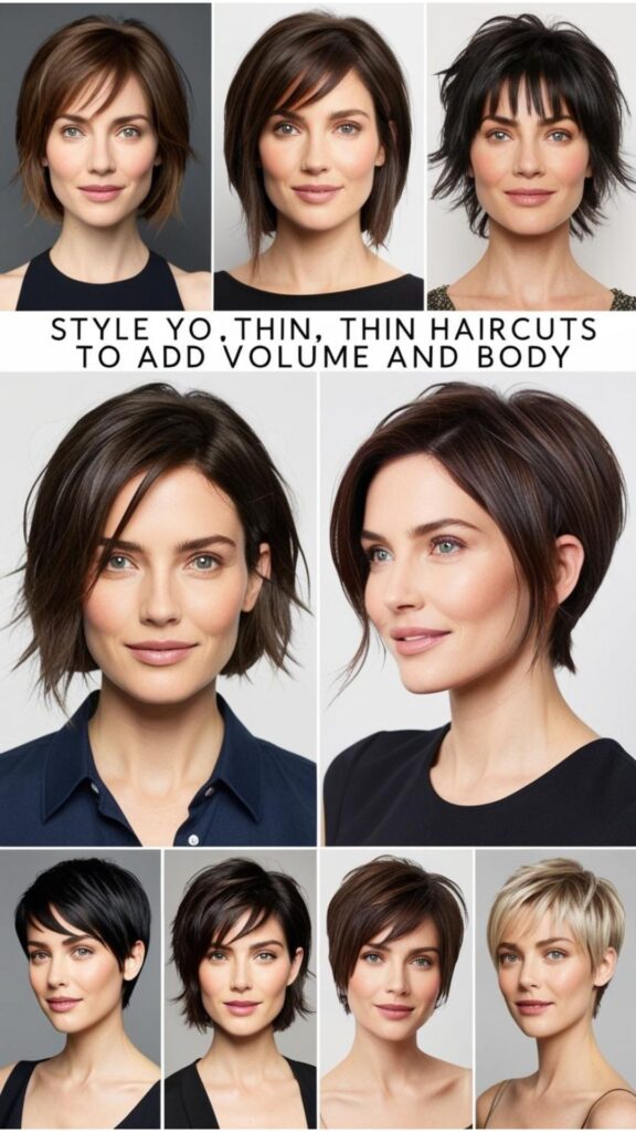 A person with thin fine hair showcasing a variety of haircuts that add volume and body.