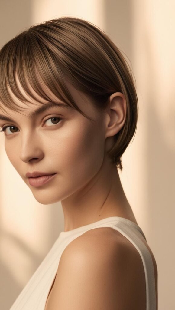 A person with thin fine hair and side-swept bangs.