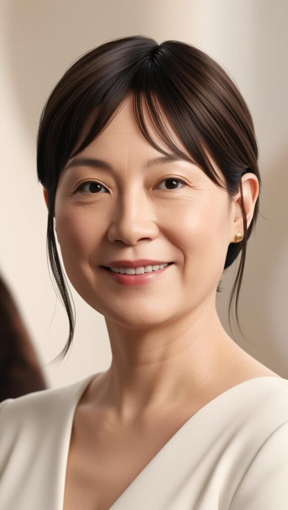 A person with a round face and thin fine hair styled with layers and side-swept bangs.