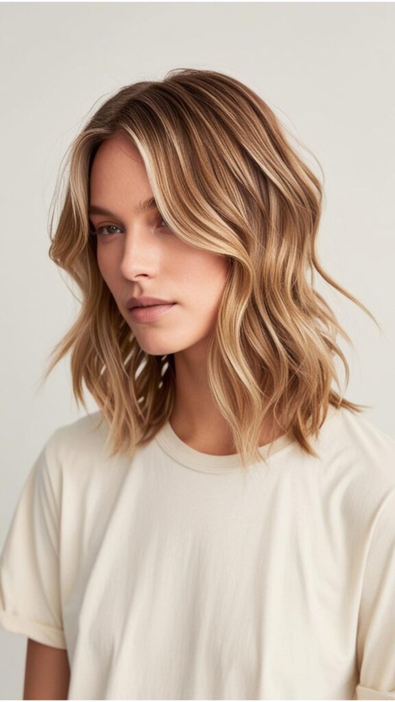A person with wavy hair styled in beachy waves, showcasing a natural and effortless look.