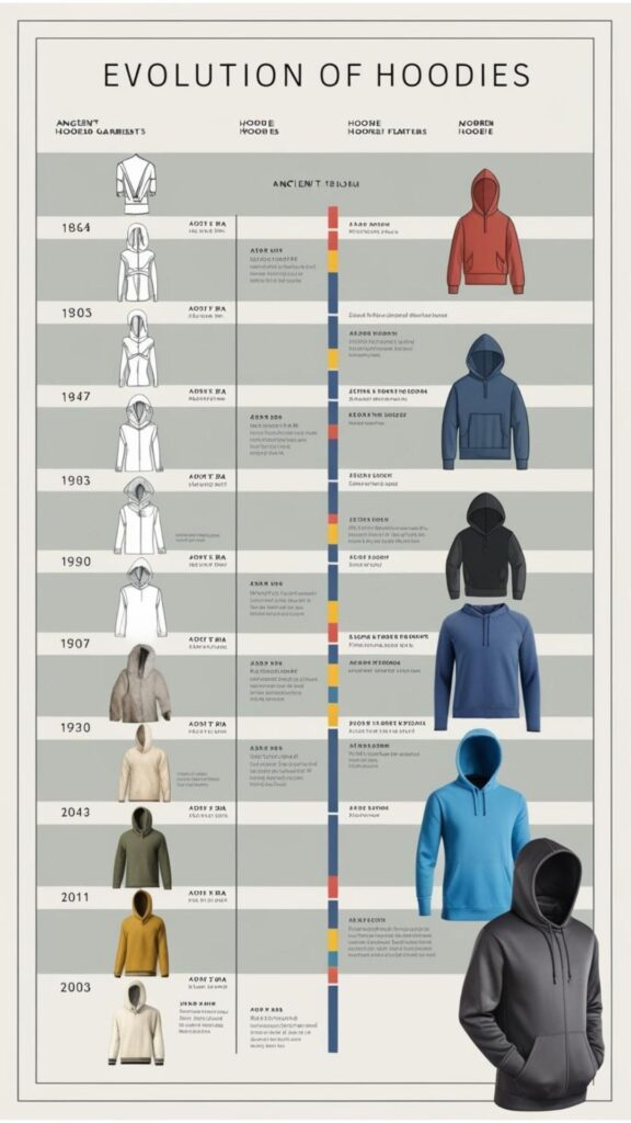 A timeline showcasing the evolution of hoodies, from ancient hooded garments to modern designs.