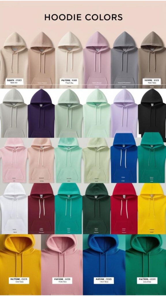 A color palette showcasing a range of hoodie colors, from neutral tones to pastel shades and bold hues.