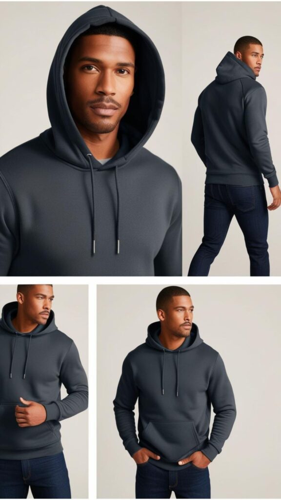 A series of images demonstrating different poses for men in hoodies: classic (hood up, looking at the camera), dynamic (walking and looking over the shoulder), and thoughtful (hands in pockets, looking into the distance).
