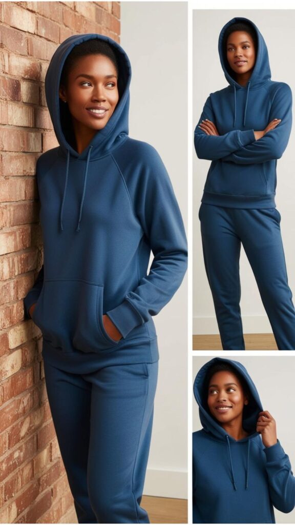 A series of images showcasing different poses in hoodies: casual (leaning against a wall), confident (standing with arms crossed), and playful (hood up, looking to the side).