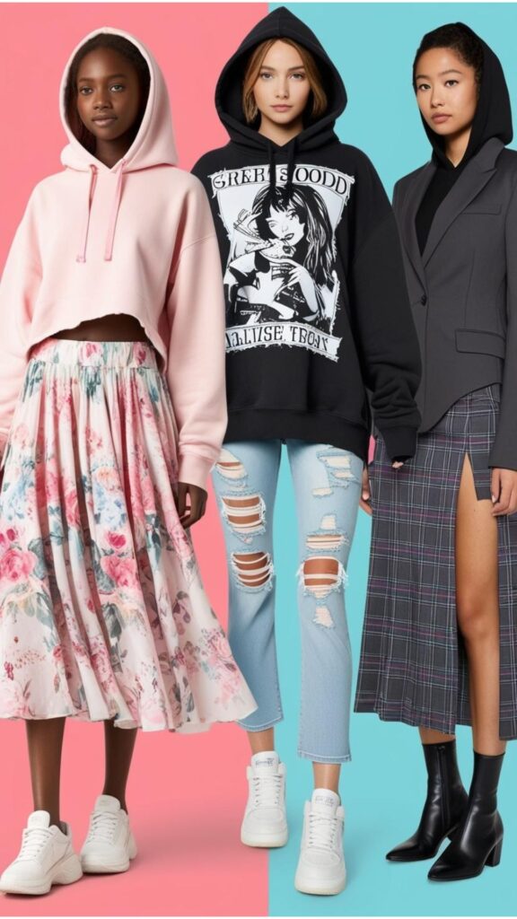 A collage showcasing girls wearing hoodies in various aesthetic styles: soft girl (pastel hoodie with a floral skirt), e-girl (oversized graphic hoodie with ripped jeans), and dark academia (dark hoodie with a plaid skirt and blazer).