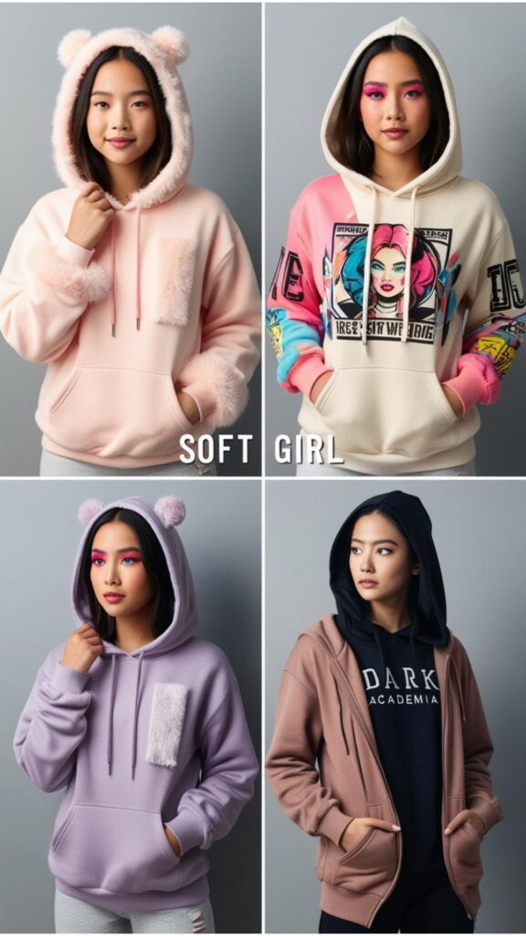 A series of images showcasing girls wearing hoodies in different aesthetic styles, such as soft girl, e-girl, and dark academia.