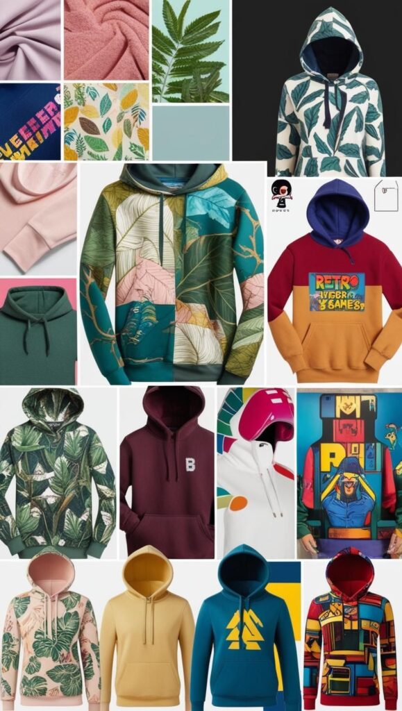 A mood board showcasing diverse design inspiration for hoodies, from nature to pop culture.