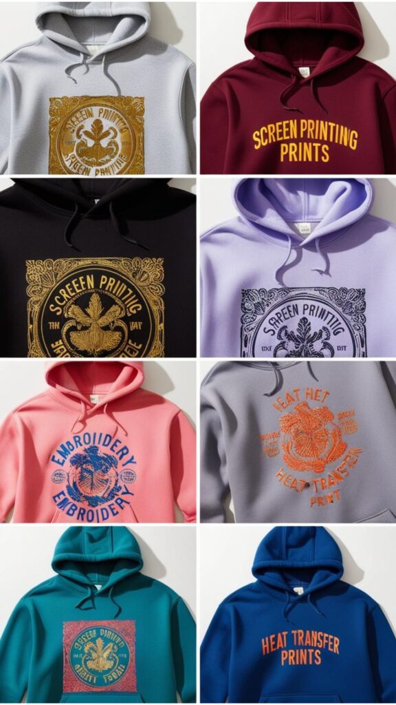 Close-ups of different print techniques on hoodies, showcasing the textures and details.