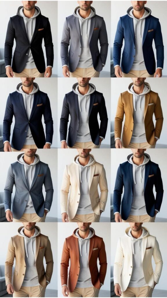 Smart casual hoodies outfits, featuring blazers and chinos pairings.