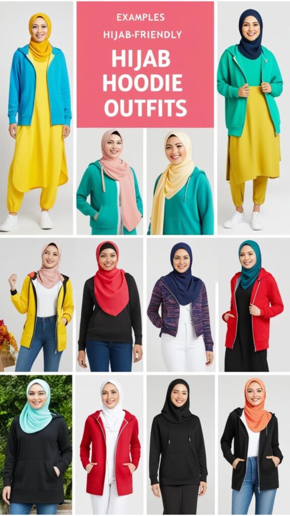 Examples of hijab-friendly hoodies outfits, showcasing different layering and styling techniques.