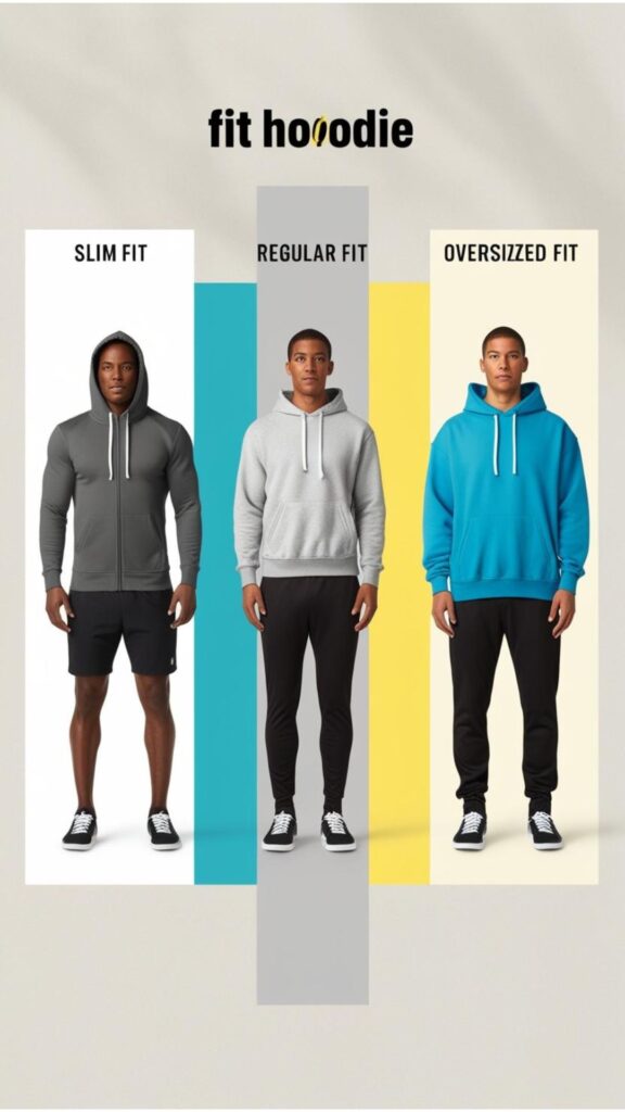 A visual guide showing different hoodie fits, including slim, regular, and oversized.