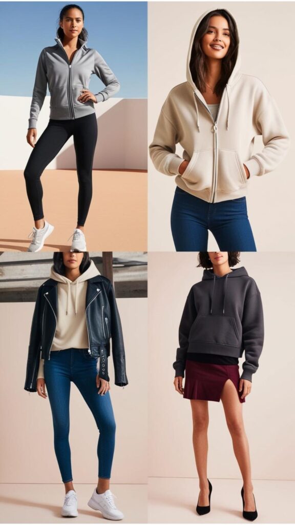 A montage showcasing the versatility of the hoodies aesthetic: sporty (hoodie with leggings and sneakers), casual (hoodie with jeans), edgy (hoodie with a leather jacket), and chic (hoodie with a skirt and heels).