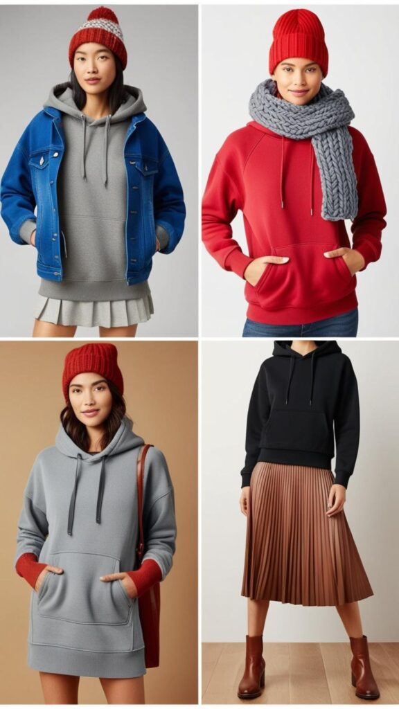 A collection of outfit ideas featuring hoodies: layered (hoodie under a denim jacket), accessorized (hoodie with a beanie and scarf), and dressed up (hoodie with a skirt and boots).