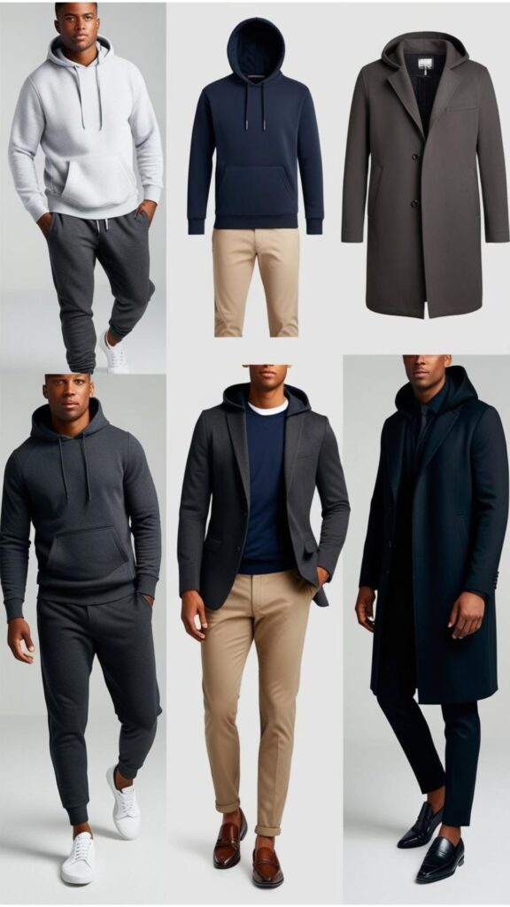 A montage of men's outfits featuring hoodies: streetwear (hoodie with joggers and sneakers), smart casual (hoodie under a blazer with chinos), and a more dressed-up look (hoodie under a tailored coat).