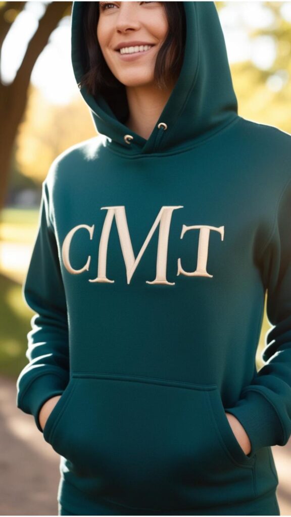 A person wearing a personalized hoodie with their initials embroidered on the chest.